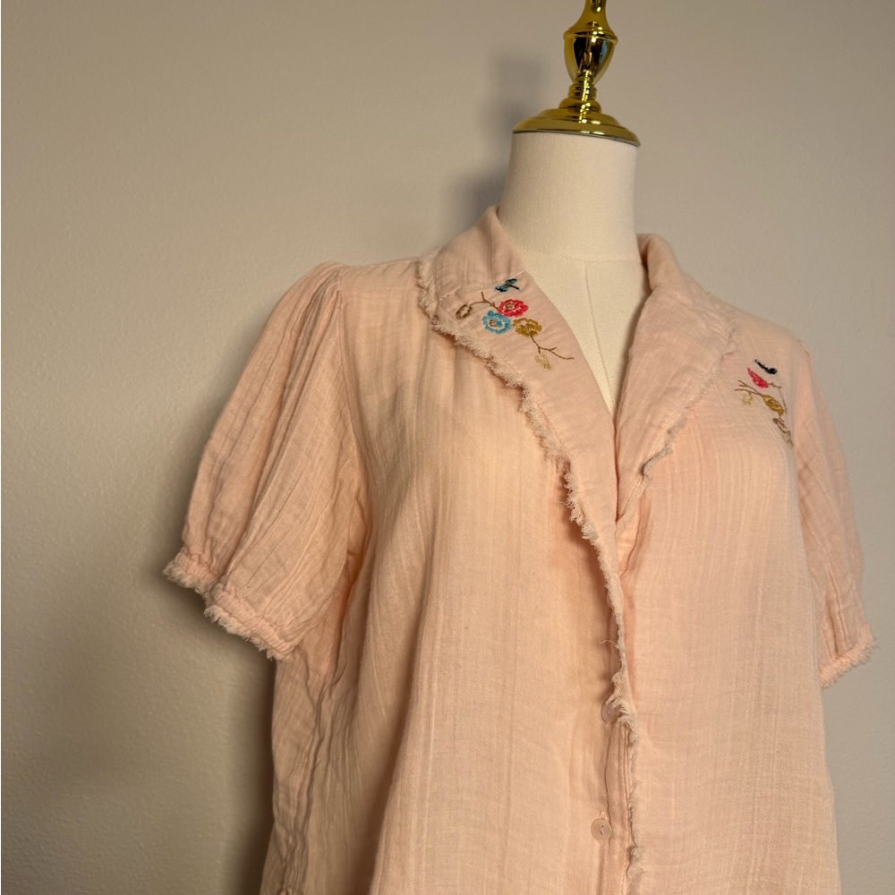 Anthropologie Romilly Soft Gauze PJ Embroidered Pale Pink Top Sz XS Oversized - Picture 5 of 10